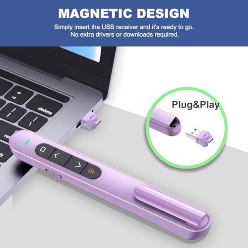 Image of rts 2-in-1 USB Type C Laser Light Pointer Wireless Presenter for Presentation Clicker Slide Changer, USB Power Point Remote Control Pen for Presentations RF 2.4GHz, Mac, Computer, Laptop Purple