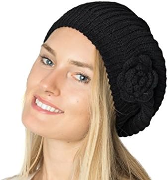 an- Womens Fall Winter Rib Knit Beret Hat with Flower (Black)