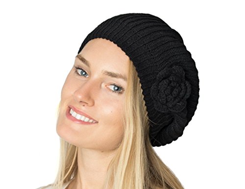 An- Womens Fall Winter Rib Knit Beret Hat With Flower (Black) #TOP23