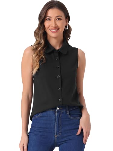Allegra K Women's Chambray Tank Top - Collared V Neck Sleeveless Button Down Shirt