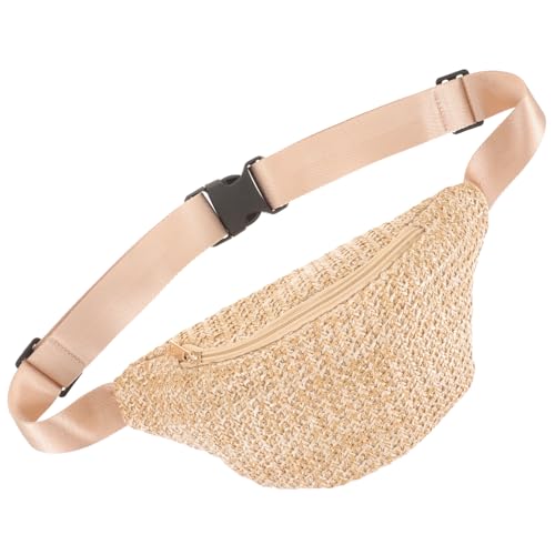 Riñonera de paja sintética café claro mini bolso bandolera de verano funcional