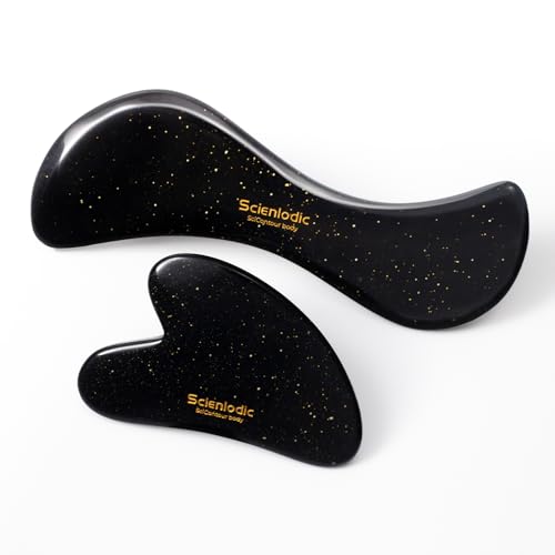 Image of Scienlodic 2 Pcs Gua Sha Massage Tools for Face & Body (Black Gold, Resin) - Guasha Scraping Tool for Jawline Contouring, Puffiness Reduction, Neck, Shoulders, Arms & Calves Relaxation
