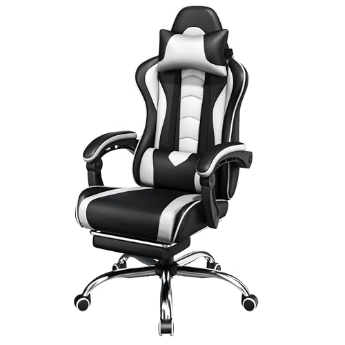 Yaheetech Gaming Chair, Video Game Chair with Massage Lumbar Support and Footrest Height Adjustable Ergonomic Computer Gaming Chair with Swivel Seat and Headrest, White