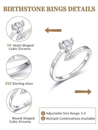 925 Sterling Silver Adjustable Rings 1CT Birthstone Rings for Women Open Size 5~9 Heart Promise Ring,Stackable Statement Birthstones Jewelry Gift2