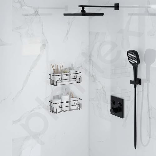 Image of Plantex Bathroom Organiser Without Drill /Shelf for Wall Adhesive Black /GI Steel Shelf for Bathroom with Side Hooks /Washroom Accessories Set - Powder Coated (Pack of 2)