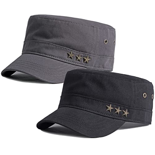 Image of 2 Pack Men's Cotton Military Caps Cadet Army Caps Vintage Flat Top Cap