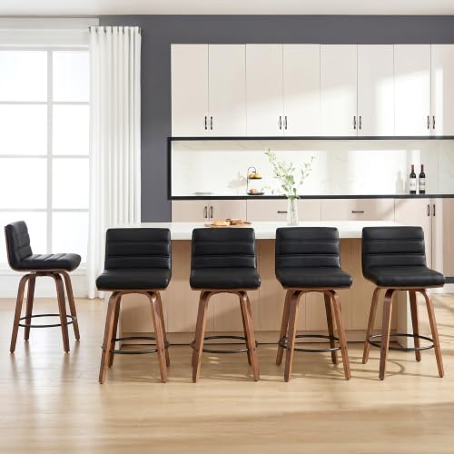 Image of Swivel Bar Stools Set of 5,26 inch Faux Leather Counter Height Barstools with Back,Mid Century Modern Upholstered Bar Chairs with Bentwood Legs Island Stools for Kitchen Counter Black