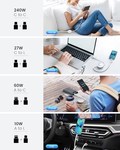 Image of CAFELE Retractable Charging Cable, 240W Multi Charging Cable with USB C to L /Type C 5A Fast Charging Fast Charger Cable 4 in 1 with 4.3FT Adjustable Length, Multi-Port Cord for Laptop, Phone (White)