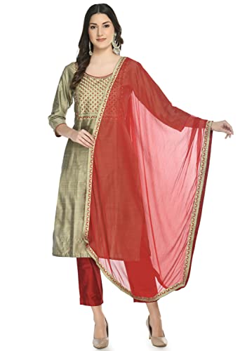 Lagi Women Straight Embroiderd Poly Silk Kurti Dupatta with Pant Set, Gold (S)