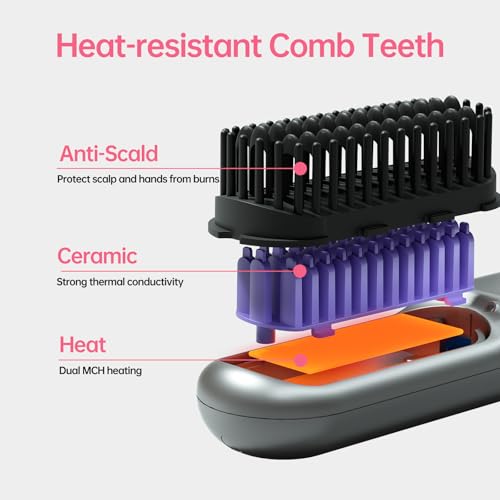 Image of Cordless Hair Straightener Brush-Portable Straightening Comb, 9600mAh Batt, Plasma Tech, 9 Temp-Settings & LED Display, for Travel & Home -Grey