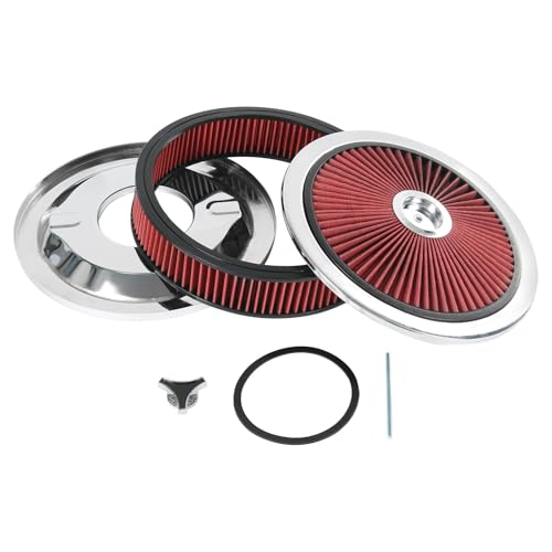 High Flow 14x3 Round Air Cleaner filter Kit Compatible with GMC Chevy Ford Chrysler Dodge V8 with Flow-Thru Lid Caburetor 5-1/8 Carb Neck Red Chrome