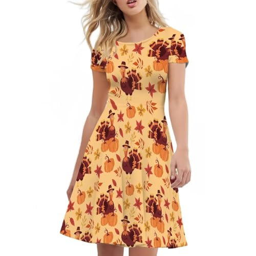 Image of Forchrinse Thanksgiving Turkey Dress for Women Fall Round Neck Midi Dresses Plus Size Short Sleeve Party Swing Sundress,S-4XL