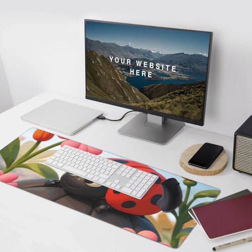 Tapis de bureau pour ordinateur grand format décor floral et coccinelle