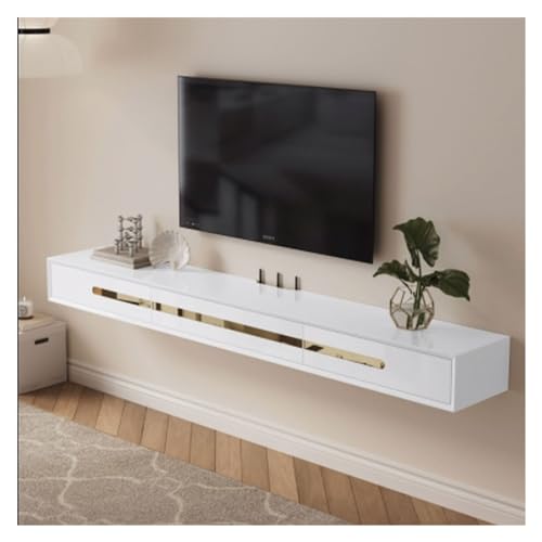 Mueble de TV montado en la pared, moderno soporte flotante para TV con armario de almacenamiento y estantes, centro de entretenimiento de madera con gestión de cables, elegante diseño blanco, 220 x 18