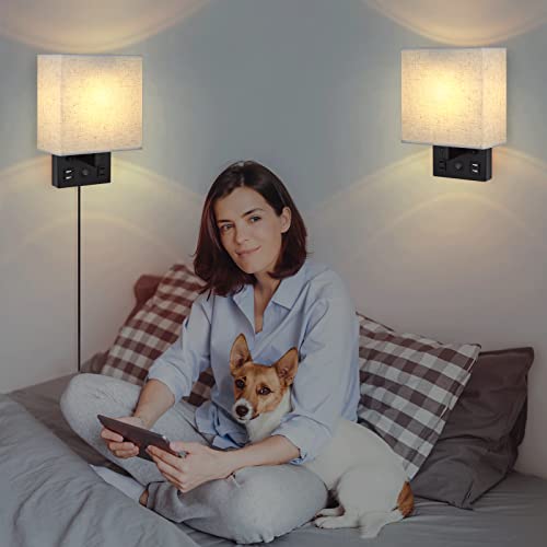 Caduke Bedside Wall Lamp Set Of 2, Plug In Wall Sconce With Usb Charging Port And Ac Outlet, Modern Black Brushed Nickel Wall Light With Plug In Cord For Living Room Office, E26 Led Bulb Included #TOP5
