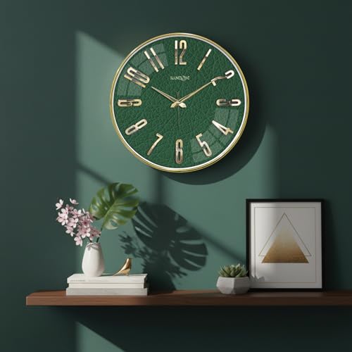 Image of RANDOM Silent Wall Clock, Green, 12.75 Inch, Non-Ticking Quartz Movement, Metal Hands, HD Glass, Foiling 3D Numbers, Gold Frame