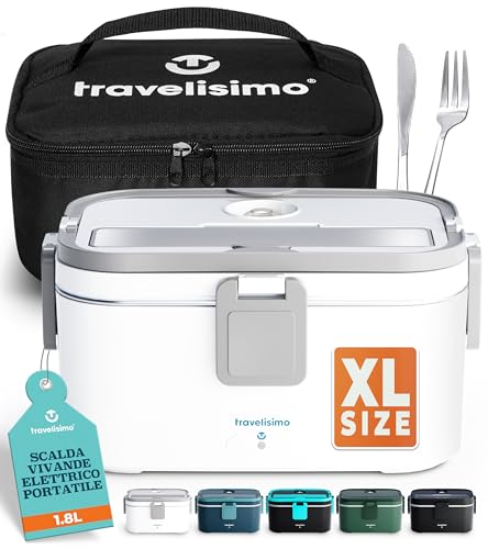 TRAVELISIMO Scaldavivande Elettrico Portatile Extra Grande 1,8L 80W Portavivande Termico, 220V/12V/24V Scalda Vivande Portatile Elettrico per Auto Camion e Ufficio, Schiscetta Pranzo Riscaldabile