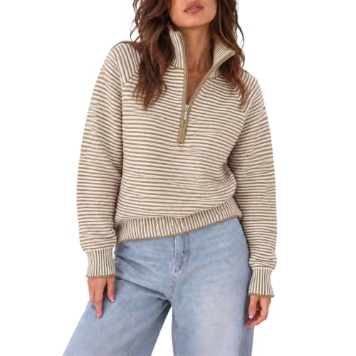 Striped Sweater Women Quarter Zip Sweater Knit Long Sleeve Fall Sweaters - image 1