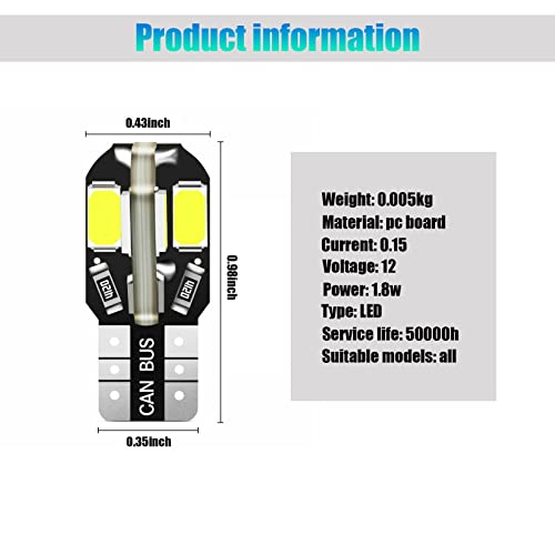 Cueclue Pack-10 T10-5730-8Smd Led Car Interior Bulb, Car Side Wedge Light, 6500K Error Free White Lamp For Map Dome Courtesy License Plate Side Marker Light #TOP1