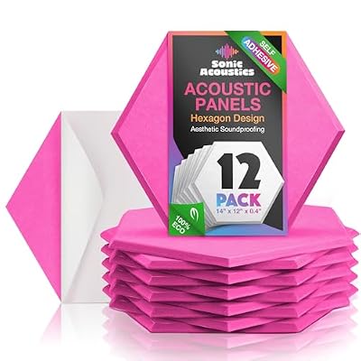 Acoustic Panels 12 Pack Soundproof Wall Panels, 14" X 12" X 0.4" Sound Proof Panles, High-Density Wall Decoration Sound Absorbing Panel, Hexagon Wall Panel for Home Office with Self-Adhesive (Pink)