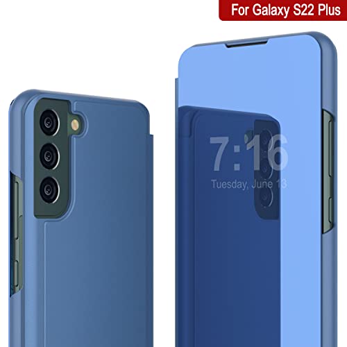 Punkcase S22 Plus Reflector Case Protective Flip Cover W/Scratch Resistant Translucent Mirror Front & Non-Slip PU Leather Back Integrated Kickstand for Galaxy S22 Plus 5G (6.6") (2022) (Blue) - Image 2