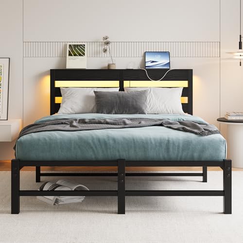 VERFARM Cama de 120 x 200 cm con LED, cama de metal con estación de carga USB y cabecero de madera con espacio de almacenamiento, cama para niños, cama doble, estructura con espacio de almacenamiento