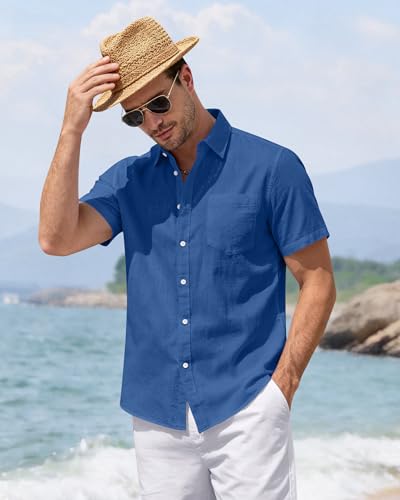 Image of J.VER Mens Linen Shirt Short Sleeve Button Down Casual Summer Shirts | Cotton Linen, Untucked, Big Tall, from Beach Camp Vacation, Cruise Fishing, Work Office, to Wedding Party Family, with Pocket