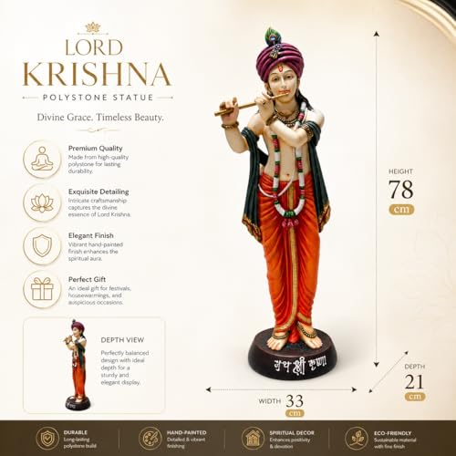 Image of ARMONIA Lord Krishna Idol Statue Murti for Home Decor & Pooja Room | Premium Polystone Krishna Sculpture for Mandir & Living Room | Best Gift for Housewarming | 30.7 Inch Large with Microfiber Cloth