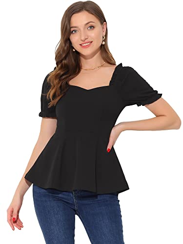 Allegra K Peplum Top for Women's Elegant Ruffles Puff Sleeve Sweetheart Neck Blouse X-Small Black