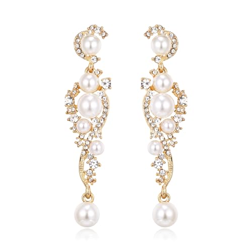 EVER FAITH Women's Austrian Crystal Cream Simulated Pearl Bridal Vine Dangle Earrings Clear