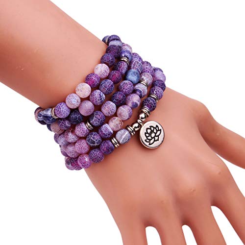 Gvusmil 8Mm 108 Mala Beads Wrap Bracelet Necklace For Yoga Charm Bracelet Natural Gemstone Jewelry For Women Men (Purple Weathered Stone) #TOP1