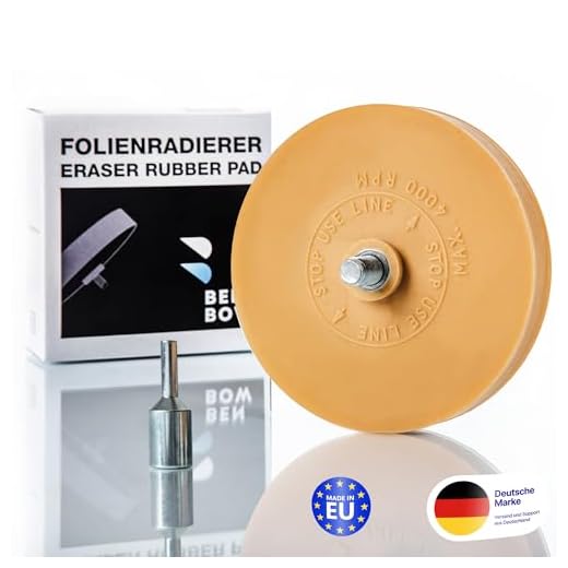 BenBow Folienradierer 90mm inkl. Adapter Vanille Aroma - handelsübliche Bohrmaschinen, Akku-Schrauber, Geradschleifer geeignet - Zierfolien, Zierstreifen Aufkleber und Kleberückstände entfernen
