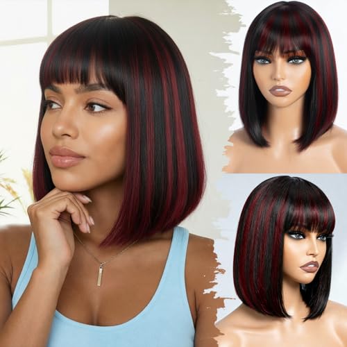 Image of Farblick Burgundy Bob Wig Human Hair With Bangs Wear and Go Glueless Wig Human Hair 12inch Straight Wig 180% Density Black with Red Wig With Bangs for Women