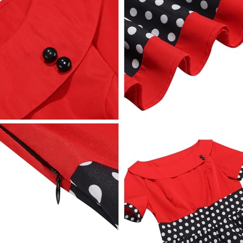 Image of Women's Boat Neck Polka Dot Cocktail Midi Dress Vintage Retro 1950s Style Swing Tea Length Wedding Guest Party Dresses