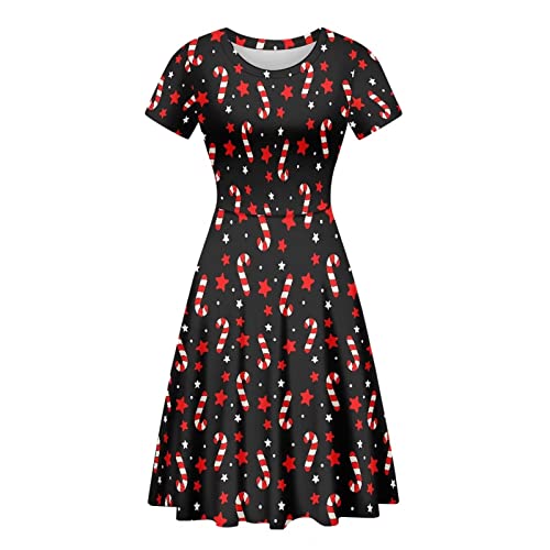 Image of POLERO Women Puffy Swing Elegant Party Midi Dresses Short Sleeve Round Neck A-Line Dress
