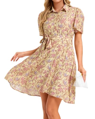 Image of Women Long Sleeve Spring Button Down A-Line Floral Print Summer Cocktail Shirt Dresses with Belt