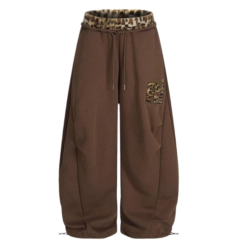 Womens Fashionable Leopard Print Loose Straight Tube Y2K Pants with Drawstring and Low Waist Pants with Pockets