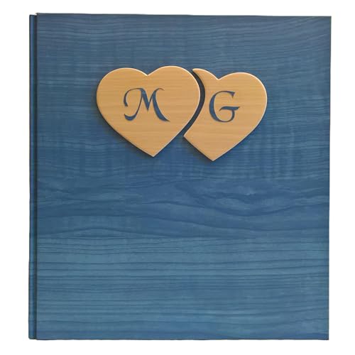 Album fotografico innamorati carta effetto legno blu + cuori legno e iniziali personalizzabili regalo wedding, nozze, anniversario, matrimonio, san valentino legnoegrafite