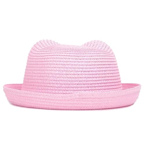 Cute Straw Hat with Cat Ears & Devil Horns - Summer Beach Bowler Derby Cap for Boys & Girls3