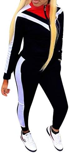 Nhicdns Womens Jogging Suits Set 80s 90s Sweatsuits Two Piece Outfits Tracksuit Color Block Clothing Black M