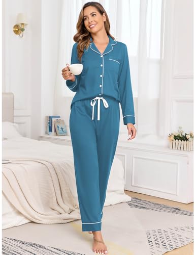 Image of Veseacky 100% Cotton Women's Pajama Set Long Sleeve Button Down Sleepwear Soft Pjs Lounge Sets Nightwear Pjs XS-XXL