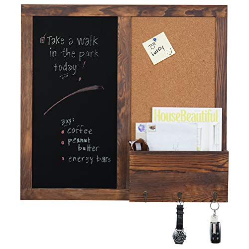 Mygift TB-HOM1537DKBRN Rustic Dark Brown Wood Wall-Mounted Chalkboard With Cork Board, Mail Sorter, & Key Hooks cover