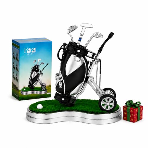Desk stand shaped like a miniature golf bag holding pens capped with club heads