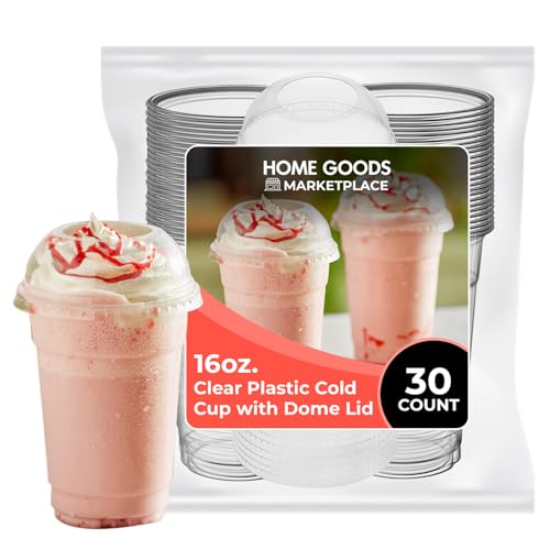 HOME GOODS MARKETPLACE 16 oz Clear Plastic Cups with Wide Dome Lids 30 Pack | Disposable Cold Drink Cups for Smoothies Iced Coffee Bubble Tea Slushies Parfaits and More