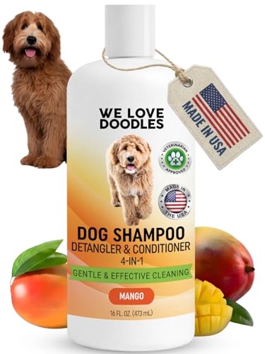 Dog Shampoo, Conditioner & Detangler - Best Shampoo for Goldendoodles, Poodles & Doodles Pet Hair - Hypoallergenic, Tearless, Sensitive Skin for Puppies & All Dog Breeds - Made in USA, 16OZ (Mango)