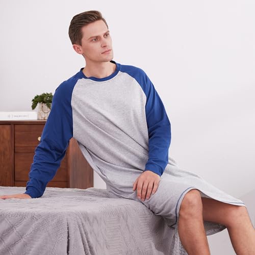 Keyocean Mens Cotton Nightgown Soft Lightweight Long Sleeve Sleepshirt Crew Neck & Pockets Comfortable Lounge Nightwear4