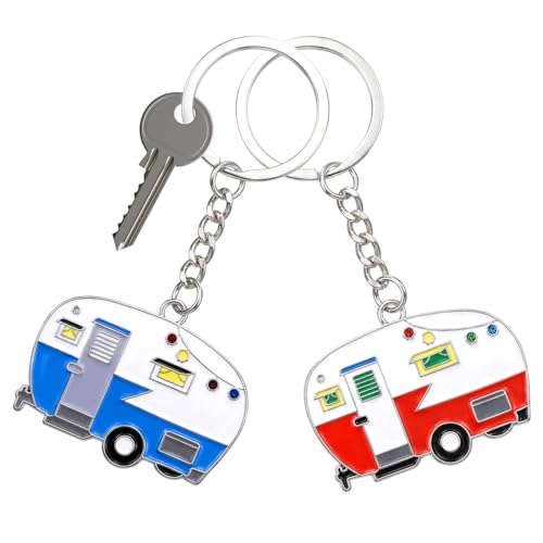 Image of Thinp 2 Pieces Camper Keychain, RV Camper Keyring Accessories for Travel Trailers Enameled Metal Retro Camping Car Keychain