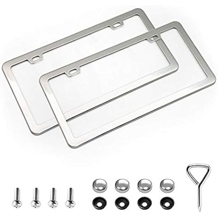 XCLPF 2 Pcs 2 Holes Silver Stainless Steel License Plate Frame,Car Licenses Plate Covers Holders Frames for Plates with Screw Caps.