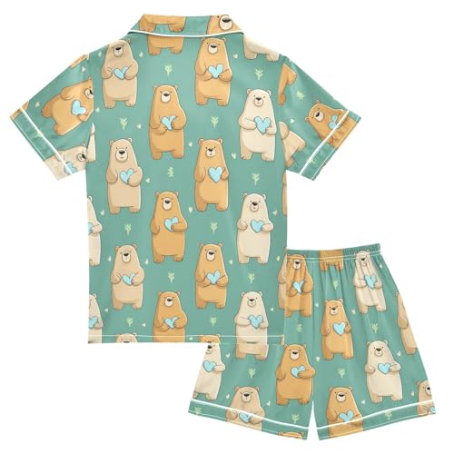 Summer 2 Piece Pajamas Satin Silk Sleepwear Animals Print Pjs Tops Shorts Set 5-14 Years2