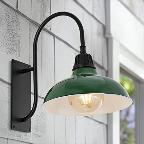Image of JONATHAN Y 12.25 inch Green /Black 1-Light Farmhouse Gooseneck Outdoor Wall Sconce Lamp, with Black Metal Bowl Shade, Industrial Iron LED Porch Light for Patio Garage Entryway (JYL7614F)